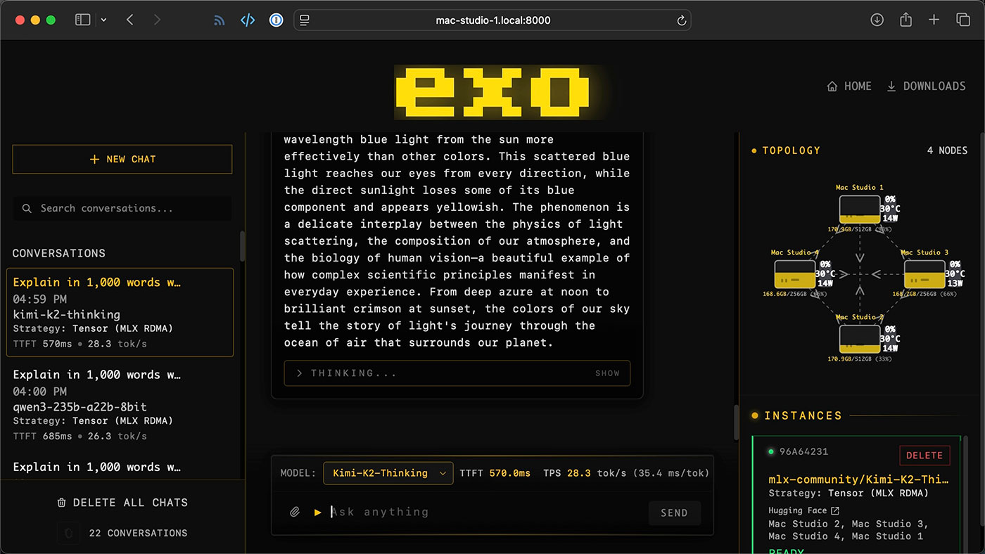 Mac Studio Kimi K2 Thinking on full cluster in Exo