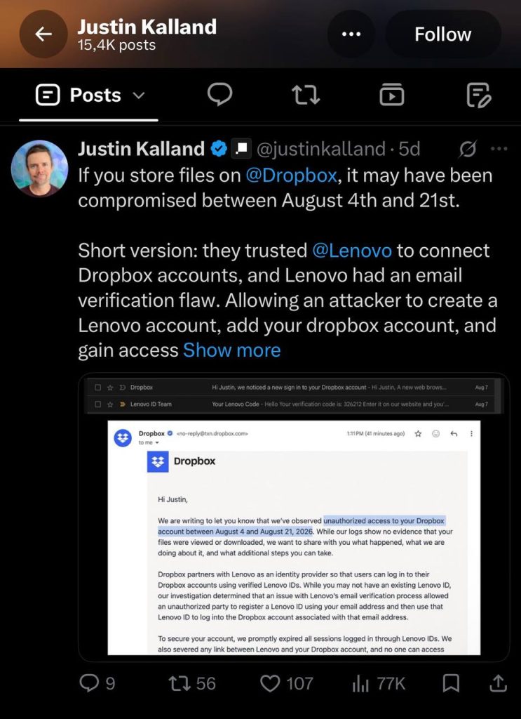 Dropbox breach via Lenovo ID affected 5,000 accounts